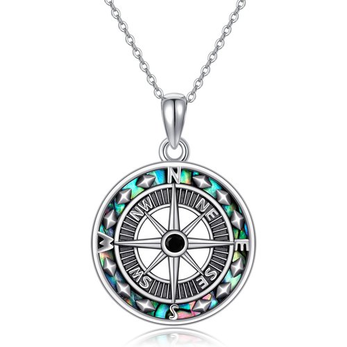 Sterling Silver Two-tone Abalone Shellfish Compass Pendant Necklace