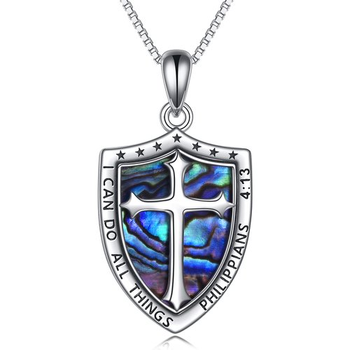 Sterling Silver Two-tone Abalone Shellfish Cross & Shield Pendant Necklace with Engraved Word