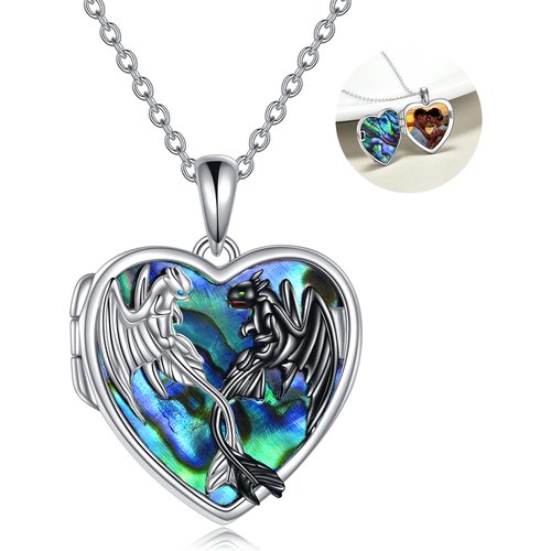 Sterling Silver Two-tone Abalone Shellfish Dragon Personalized Photo Locket Necklace