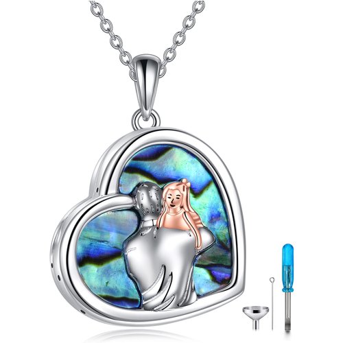 Sterling Silver Two-tone Abalone Shellfish Father & Daughter Urn Necklace for Ashes with Engraved Word