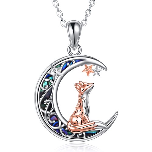 Sterling Silver Two-tone Abalone Shellfish Fox & Moon Star Pendant Necklace