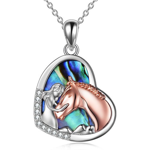 Sterling Silver Two-tone Abalone Shellfish Horse & Heart Pendant Necklace