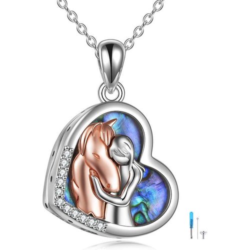 Sterling Silver Two-tone Abalone Shellfish Horse & Heart Urn Necklace for Ashes
