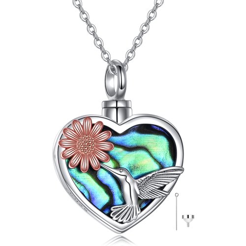 Sterling Silver Two-Tone Heart Abalone Hummingbird & Sunflower Urn Necklace For Ashes