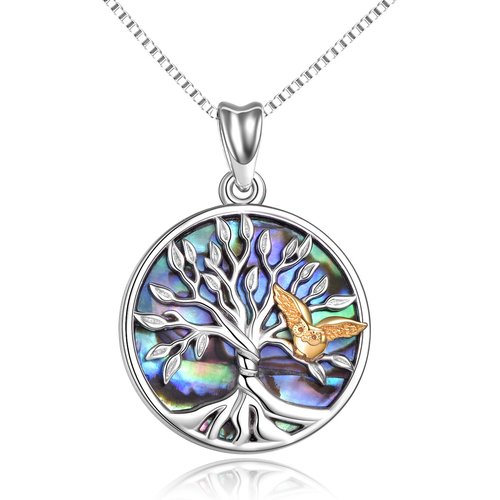 Sterling Silver Two-tone Abalone Shellfish Owl & Tree Of Life Pendant Necklace
