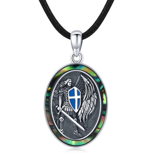 Sterling Silver Two-tone Abalone Shellfish Saint Michael Pendant Necklace
