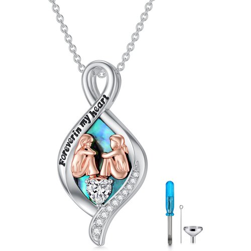 Sterling Silver Two-tone Abalone Shellfish Sisters & Infinity Symbol Urn Necklace for Ashes with Engraved Word