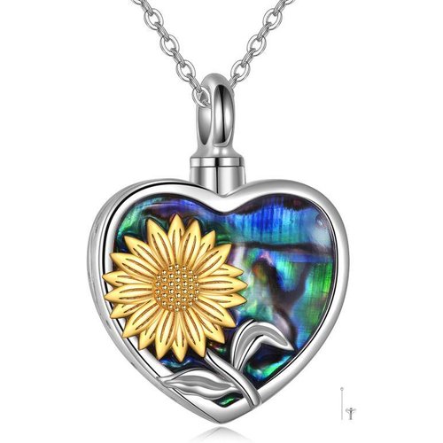 Sterling Silver Two-tone Abalone Shellfish Sunflower Urn Necklace for Ashes with Engraved Word