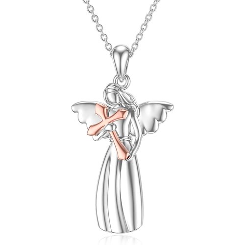 Sterling Silver Two-tone Angel & Cross Pendant Necklace