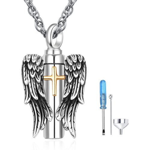 Sterling Silver Two-tone Angel Wing & Cross Urn Necklace for Ashes