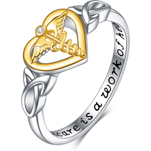 Sterling Silver Two-tone Angel Wing & Heart Ring with Engraved Word