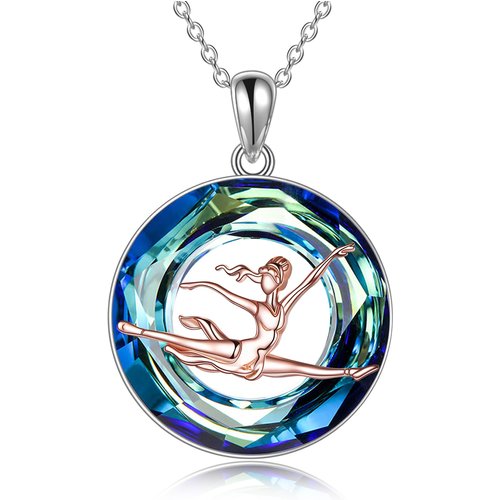 Sterling Silver Two-tone Ballet Dancer Crystal Pendant Necklace with Engraved Word