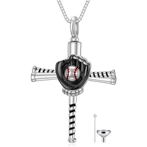 Sterling Silver Two-tone Baseball & Cross Urn Necklace for Ashes