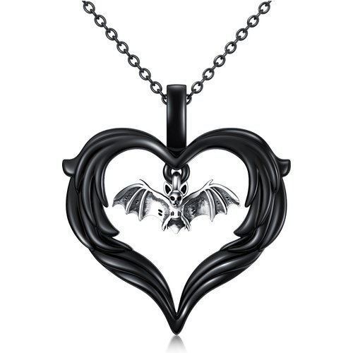 Sterling Silver Two-tone Bat & Heart Pendant Necklace