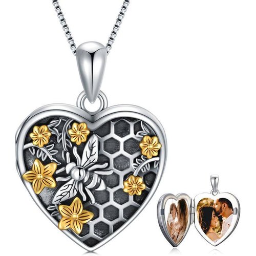 Sterling Silver Two-tone Bee & Daffoil Heart Personalized Photo Necklace