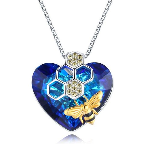Sterling Silver Two-tone Bee & Heart Crystal Pendant Necklace