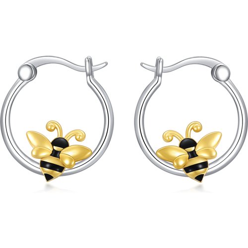 Sterling Silver Two-tone Bee Hoop Earrings