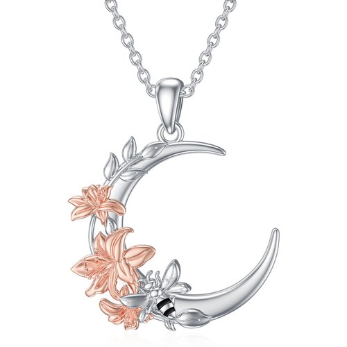 Sterling Silver Two-Tone Bee Sunflower Moon Pendant Necklace For Women