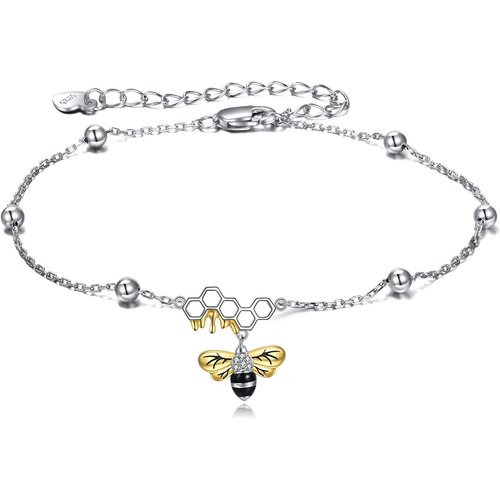 Sterling Silver Two-tone Cubic Zirconia Bee Single Layer Anklet