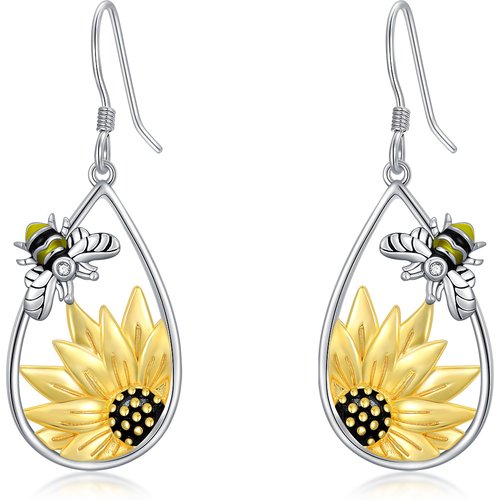 Sterling Silver Two-tone Bee & Sunflower Drop Earrings
