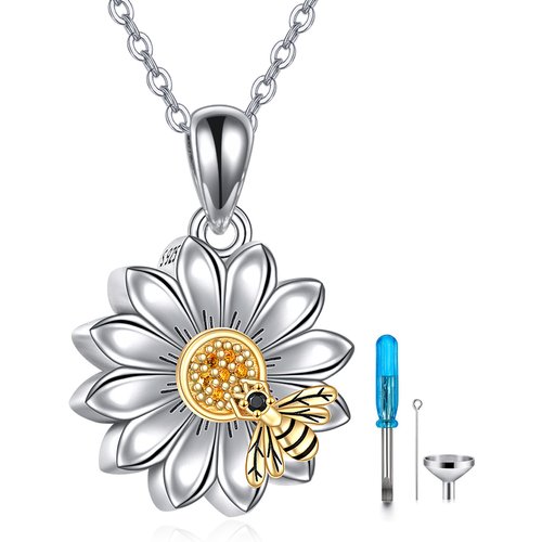 Sterling Silver Two-tone Cubic Zirconia Bee & Sunflower Urn Necklace for Ashes with Engraved Word