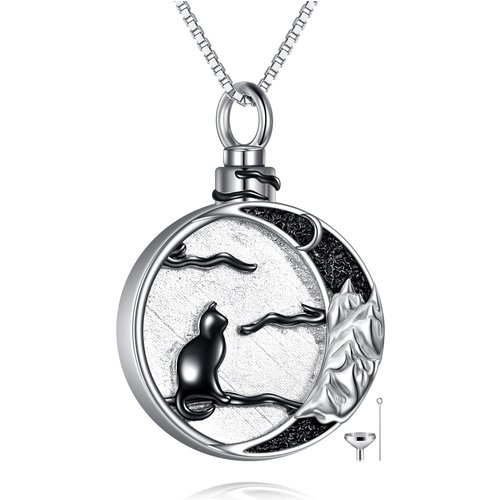 Sterling Silver Two-tone Black Cat Moon & Mountains Urn Necklace for Ashes