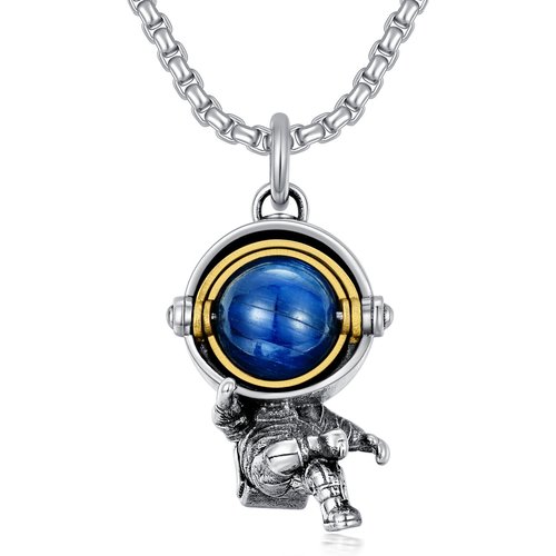 Sterling Silver Two-tone Blue Sandstone Astronaut Pendant Necklace