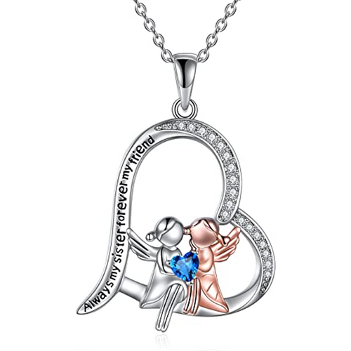Sterling Silver Two-tone Blue Cubic Zirconia Sisters Heart Engraved Necklace for Women