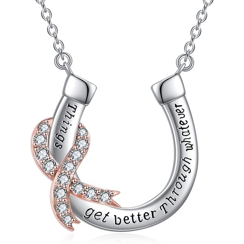 Sterling Silver Two-tone Breast Cancer Pendant Necklace with Engraved Word