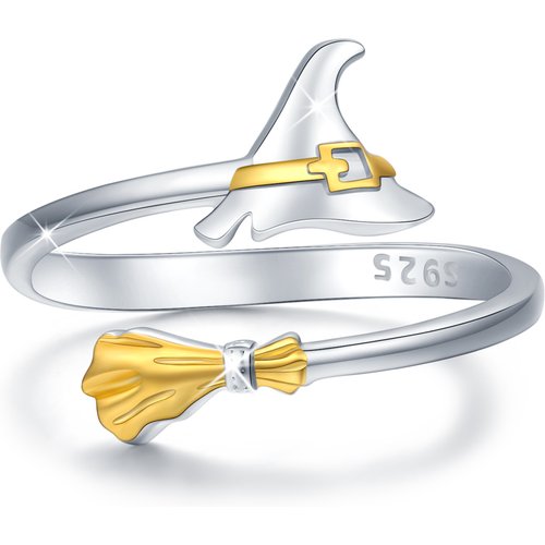 Sterling Silver Two-tone Broom & Witch Cap Open Ring