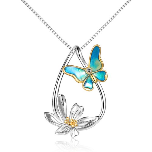Sterling Silver Butterfly & Daisy Teardrop Pendant Necklace For Women