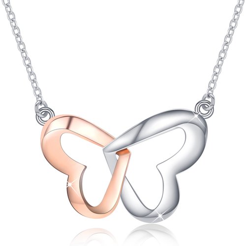 Sterling Silver Two-tone Butterfly & Heart Pendant Necklace