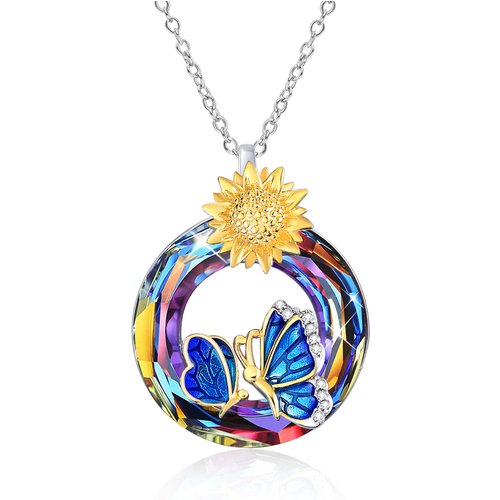 Sterling Silver Two-tone Butterfly & Sunflower Crystal Necklace for Women
