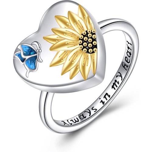 Sterling Silver Two-Tone Butterfly With Sunflower Heart Urn Ring With Engraved Word For Women