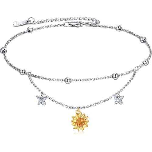 Sterling Silver Two-tone Cubic Zirconia Butterfly & Sunflower Multi-layered Anklet