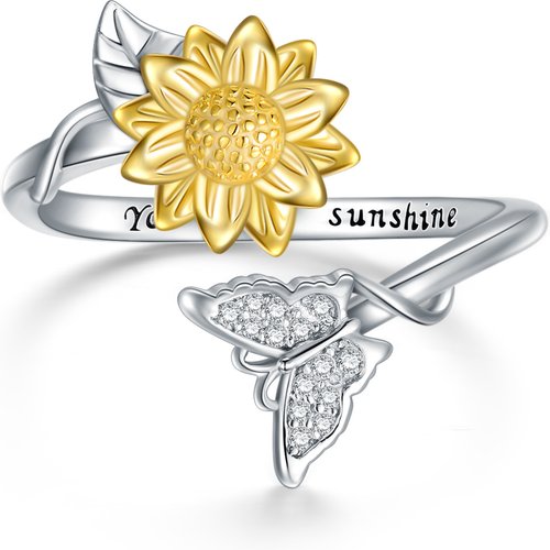 Sterling Silver Two-tone Butterfly & Sunflower Open Ring with Engraved Word