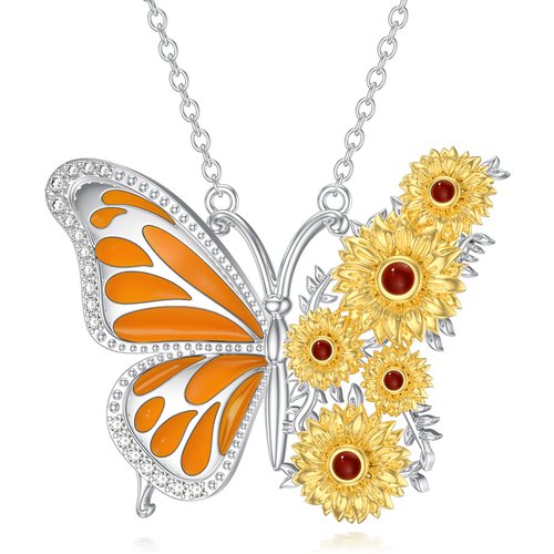 Sterling Silver Two-tone Butterfly & Sunflower Pendant Necklace