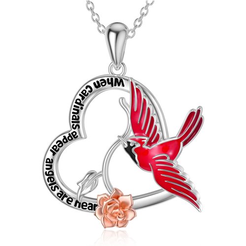 Sterling Silver Two-tone Cardinal & Rose & Heart Pendant Necklace with Engraved Word