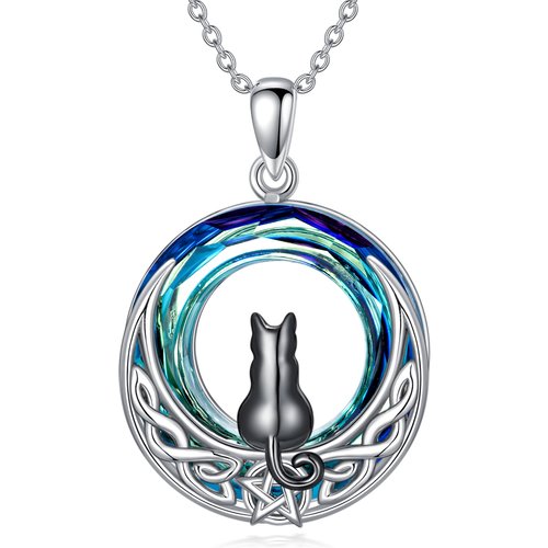 Sterling Silver Two-Tone Cat With Celtic Knot With Moon Crystal Pendant Necklace