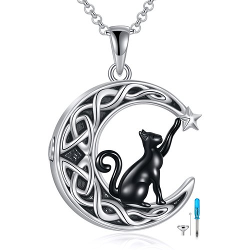 Sterling Silver Two-Tone Black Cat Celtic Knot & Crescent Moon Urn Necklace For Ashes