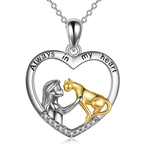 Sterling Silver Two-tone Cat & Girl Heart Pendant Necklace with Engraved Word