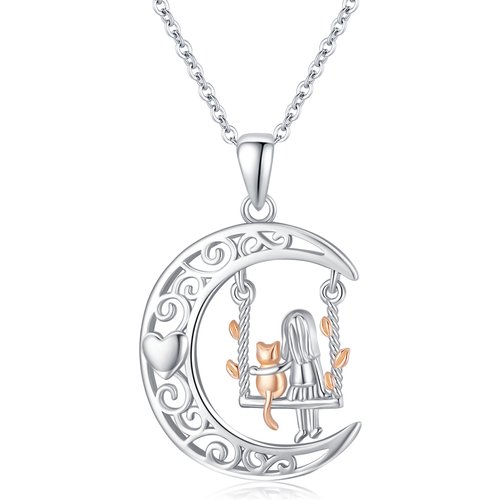 Sterling Silver Two-Tone Girl With Cat Pendant Necklace For Women