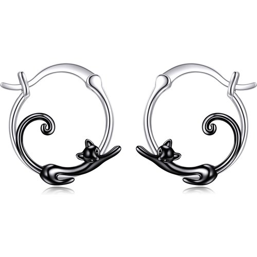 Sterling Silver Two-tone Cat Hoop Earrings