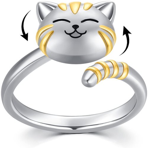 Sterling Silver Two-tone Cat Open Ring