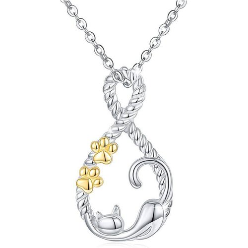 Sterling Silver Two-Tone Cat Paw And Infinity Symbol Pendant Necklace For Women