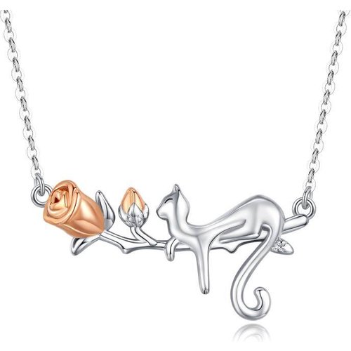 Sterling Silver Two-tone Cat & Rose Pendant Necklace