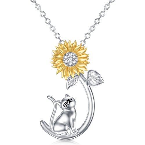 Sterling Silver Two-tone Cubic Zirconia Cat & Sunflower Pendant Necklace