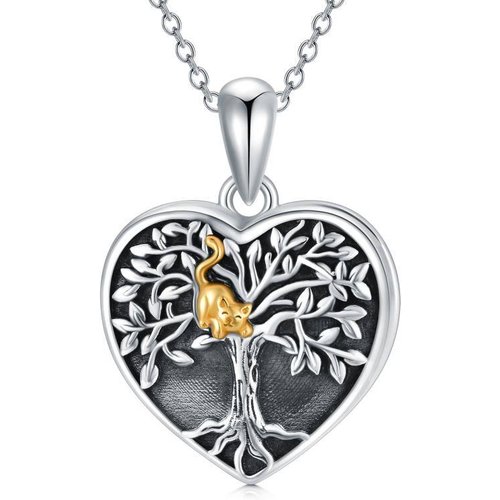 Sterling Silver Two-tone Cat & Tree Of Life Personalized Photo Locket Necklace with Engraved Word