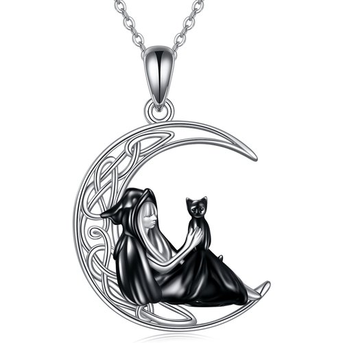 Sterling Silver Two-tone Cat & Witch Knot Pendant Necklace