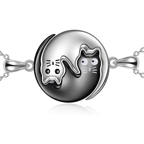 Sterling Silver Two-tone Cat & Yin Yang Pendant Necklace